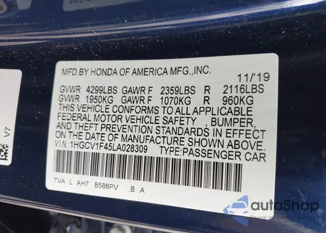 2020 Honda Accord Ex from USA, damaged, VIN 1HGCV1F45LA028309